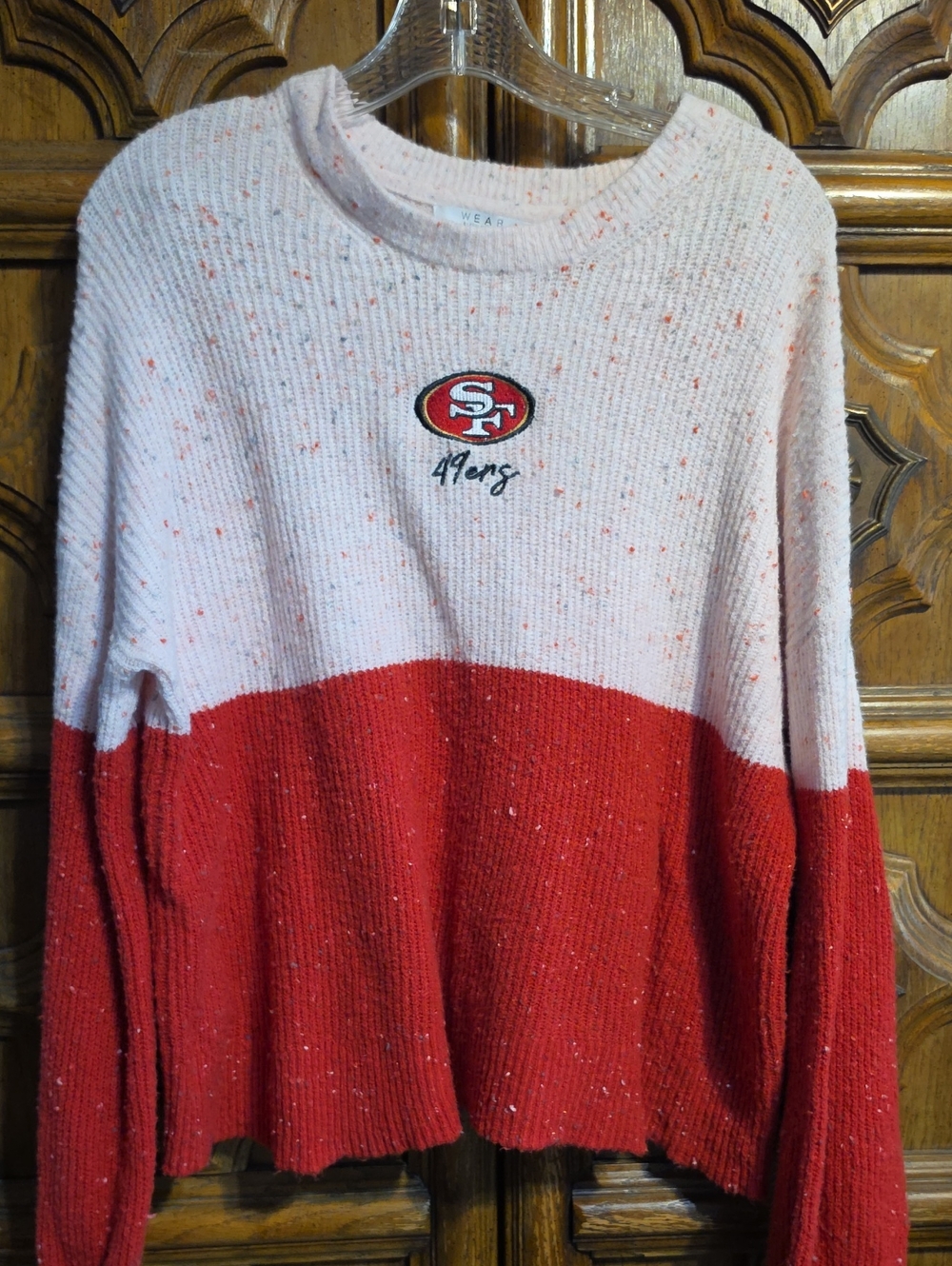 WEAR by Erin Andrews San Francisco 49ers Cozy Pink & Red Speckled Knit Sweater